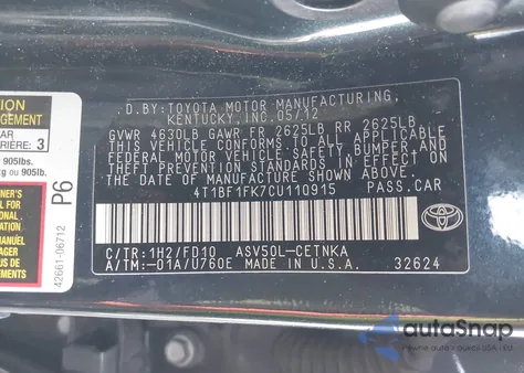 2012 Toyota Camry Le из США, поврежденный, VIN 4T1BF1FK7CU110915